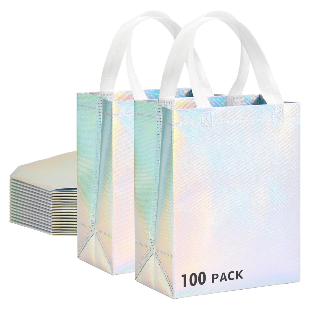 100 Pack Of Iridescent Glossy Gift Bags Medium Size (8x4x10)