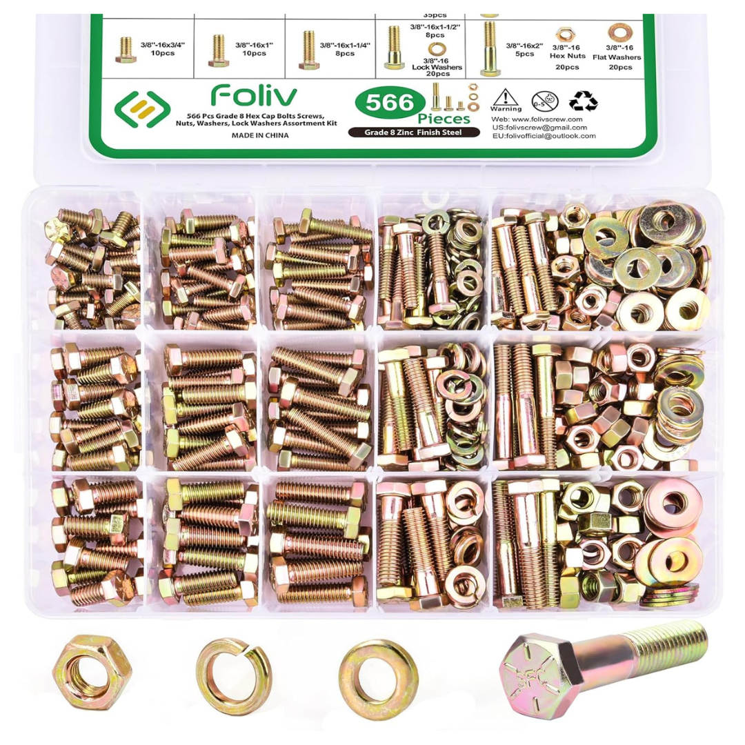 566-Piece Heavy Duty Grade 8 Bolts And Nuts Assortment Kit