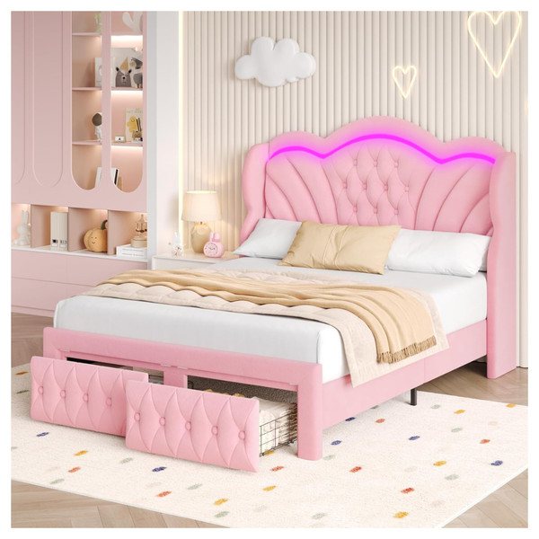 Queen Bed Frame With LED Lights And 2 Storage Drawers