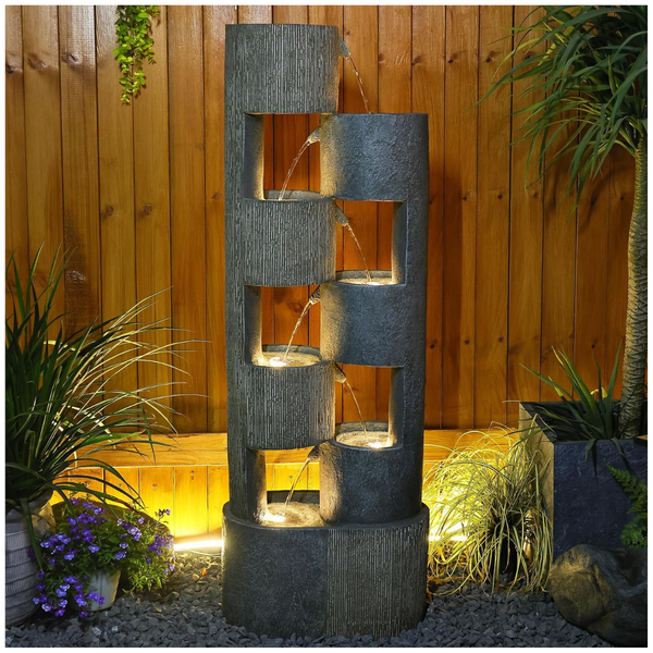 51" Outdoor Water Fountain Uneven Cylinders Waterfalls Fountain Floor Standing Water Fountains With LED Lights