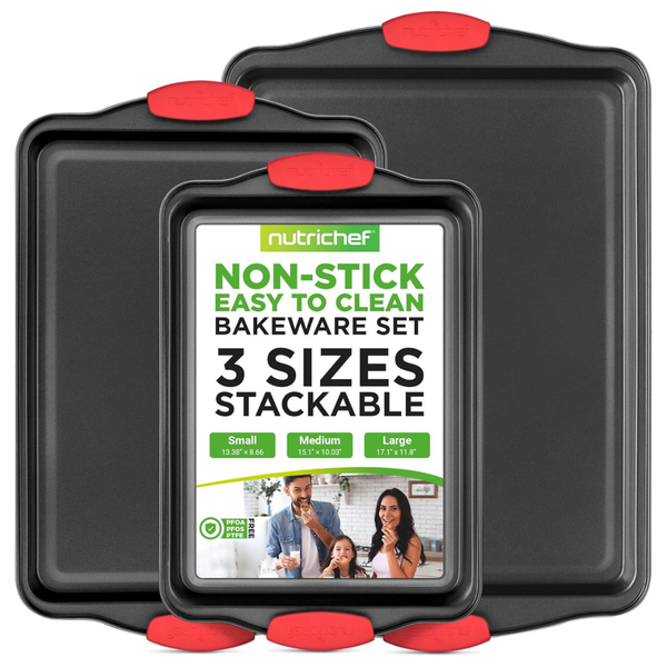 3-Piece Non-Stick Oven Baking Pans With Red Silicone Handles