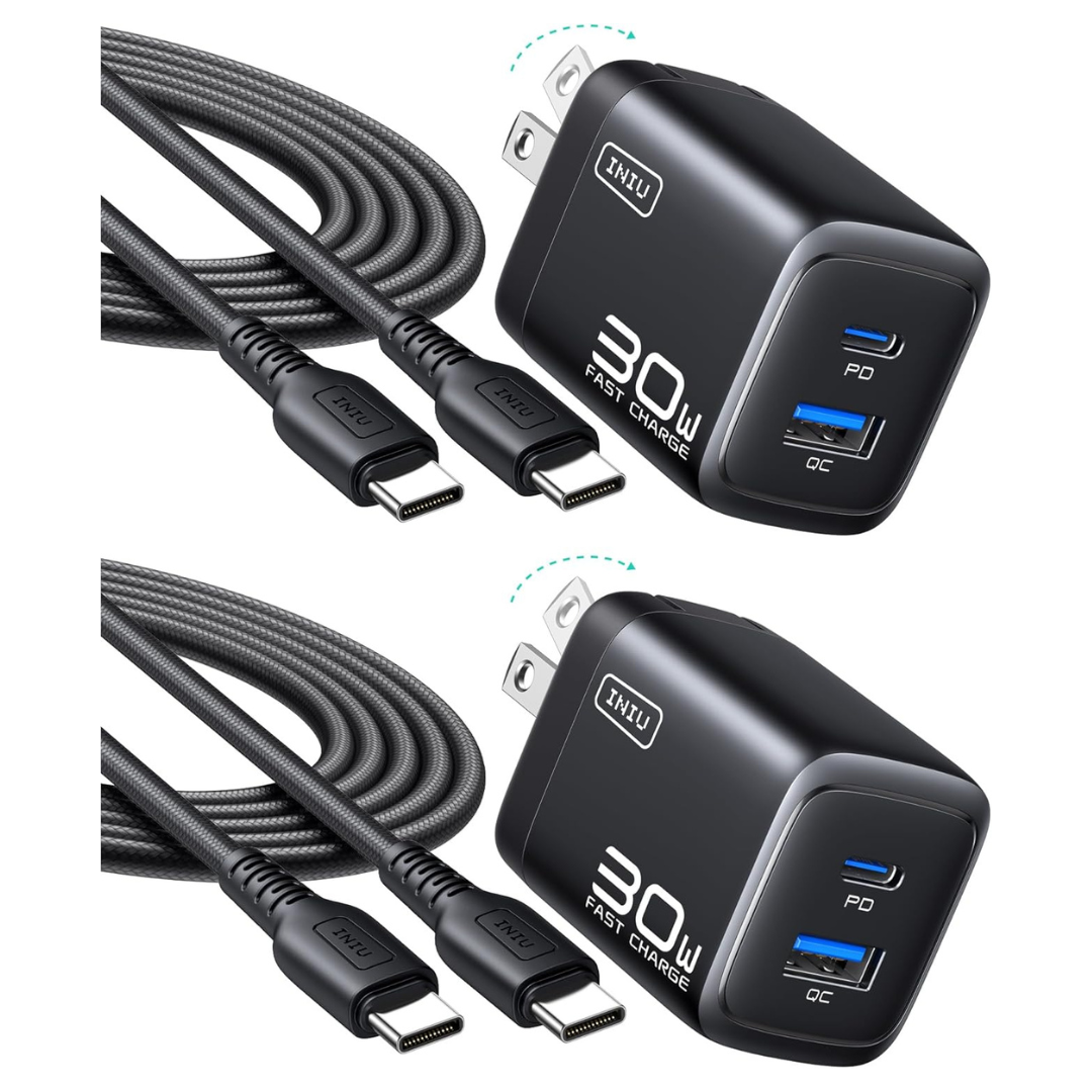 2-Pack 30W INIU 2-Port PD USB-C & USB-A Wall Charger W/ 5-Ft Cable