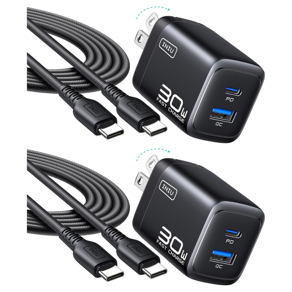 2-Pack 30W INIU 2-Port PD USB-C & USB-A Wall Charger W/ 5-Ft Cable