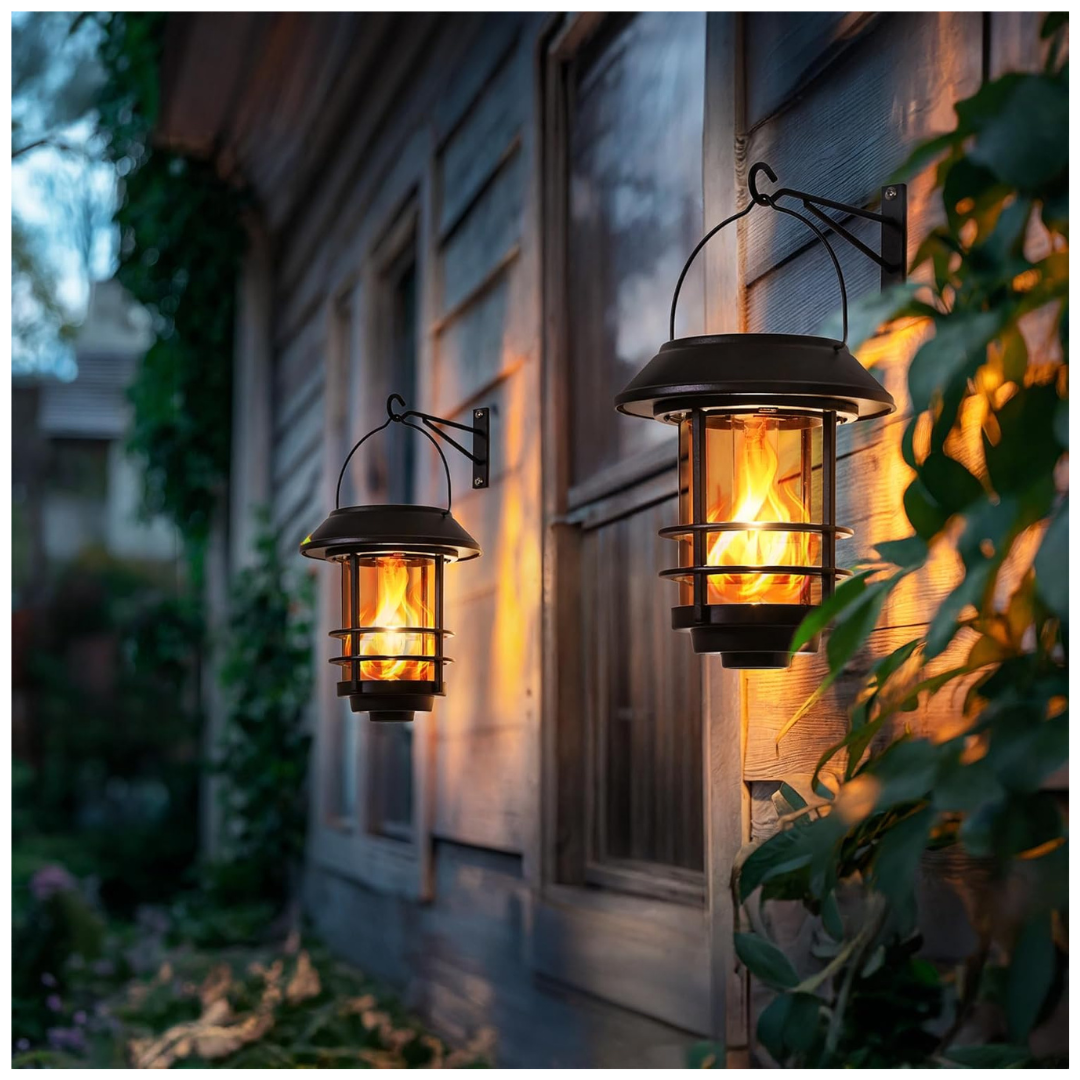 2-Pack Hanging Flickering Flames Solar Wall Lantern