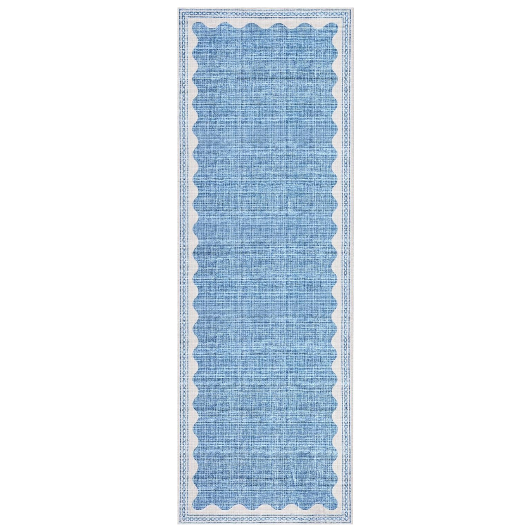 2x6 Solid Blue Non Slip Scalloped Runners