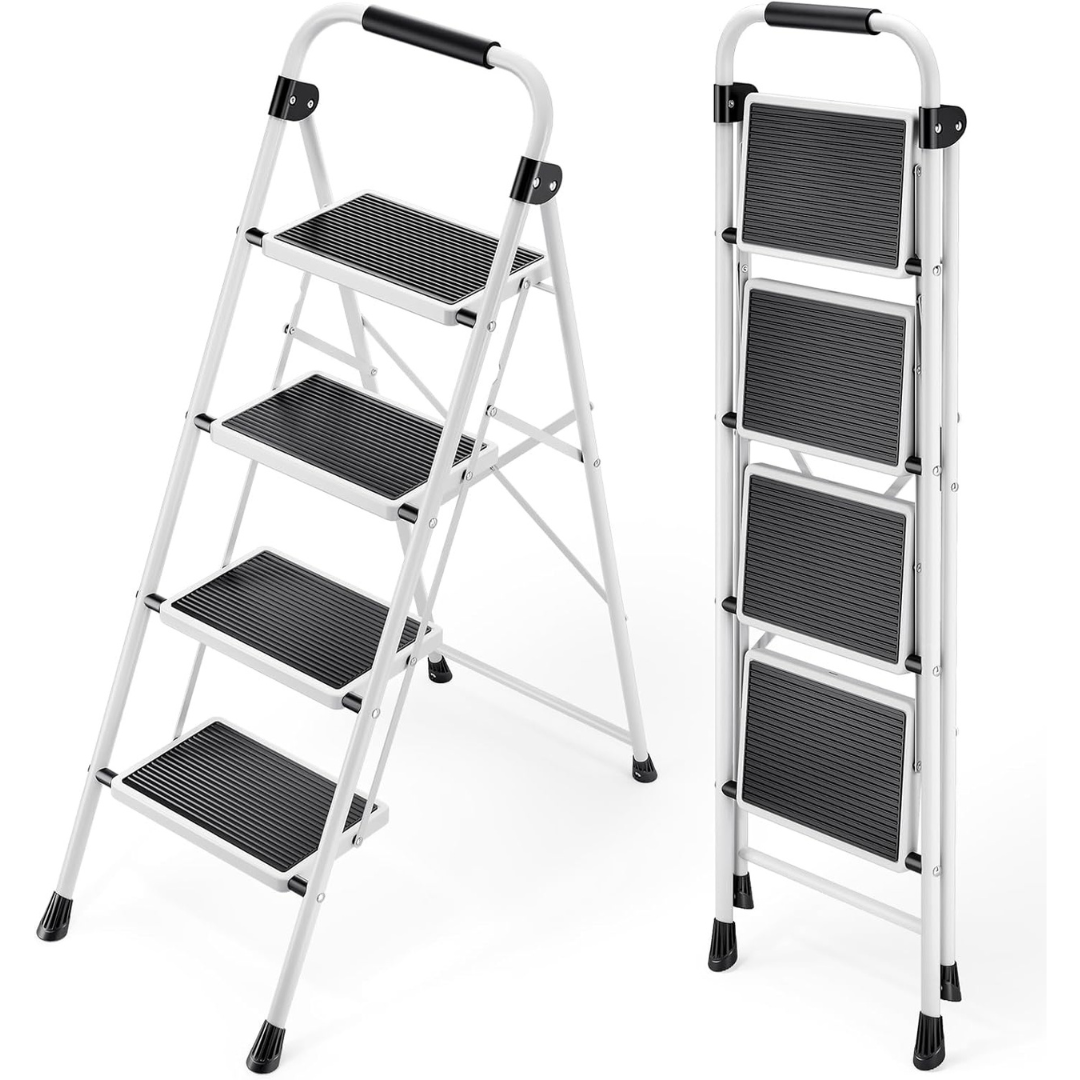 4-Step Folding Step Ladder With Handrails Heavy Duty Steel