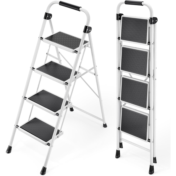 4-Step Folding Step Ladder With Handrails Heavy Duty Steel