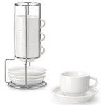 4-Pack 2.5 oz Porcelain Espresso Cups With Saucers & Metal Stand