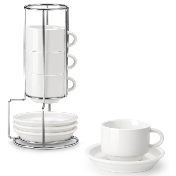 4-Pack 2.5 oz Porcelain Espresso Cups With Saucers & Metal Stand