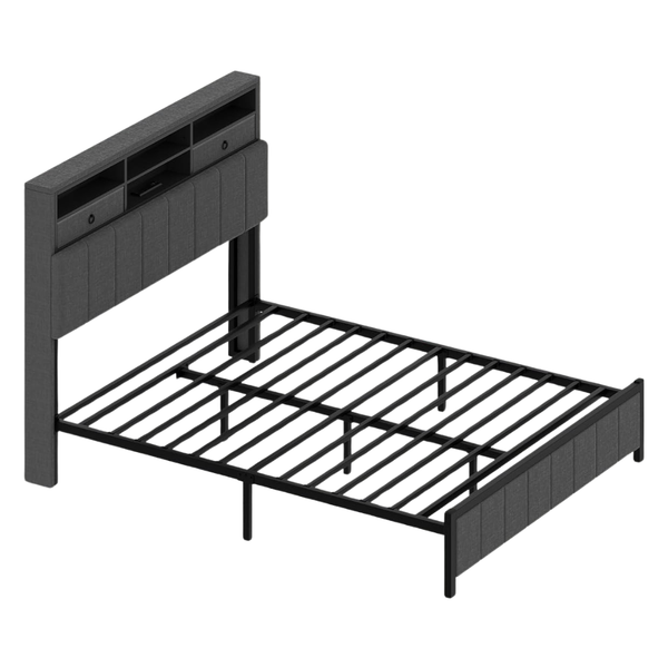 Full Size Bed Frame With Storage Headboard & LED Lights