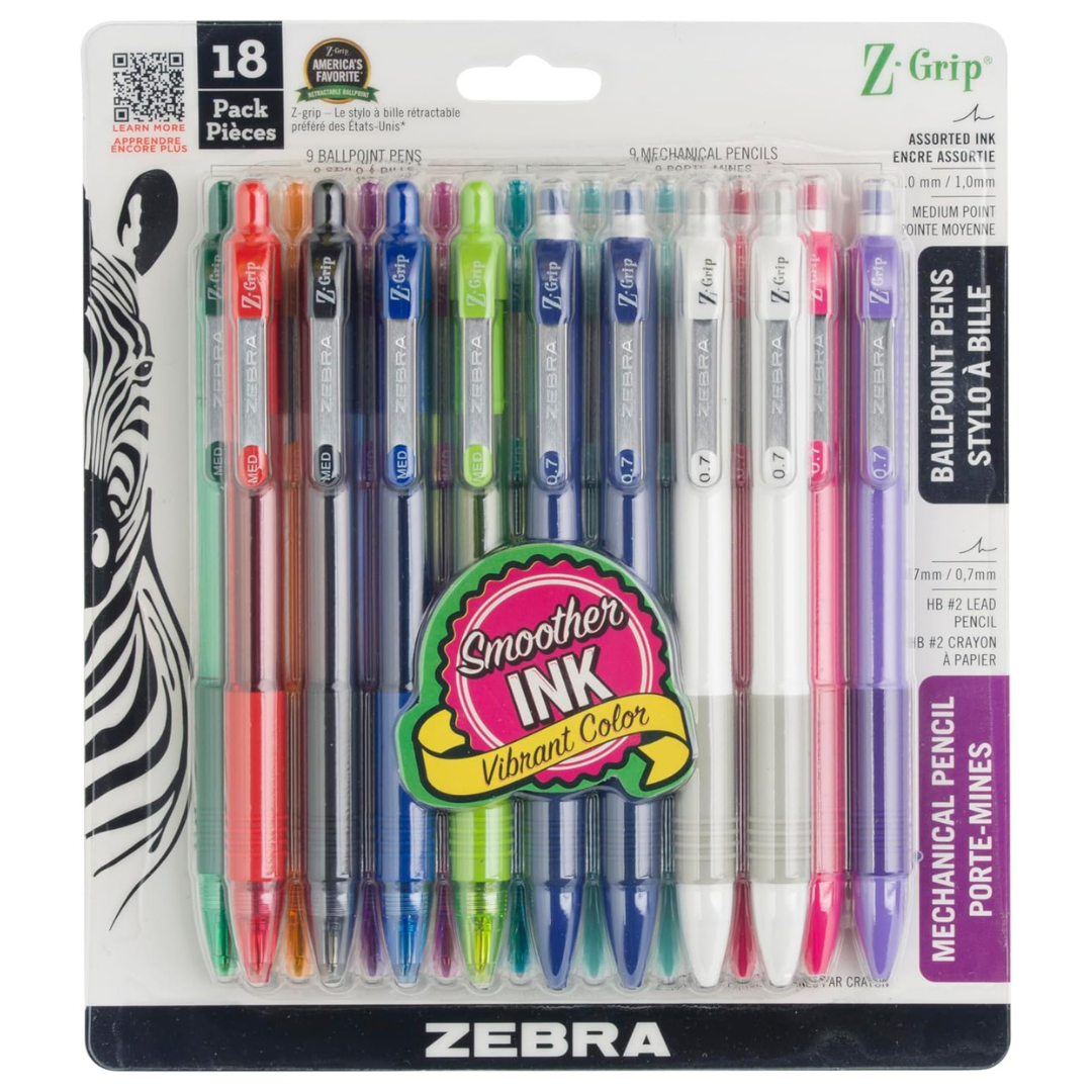 18-Pack Zebra Pen Z-Grip Retractable Ballpoint Pen & Mechanical Pencil Set