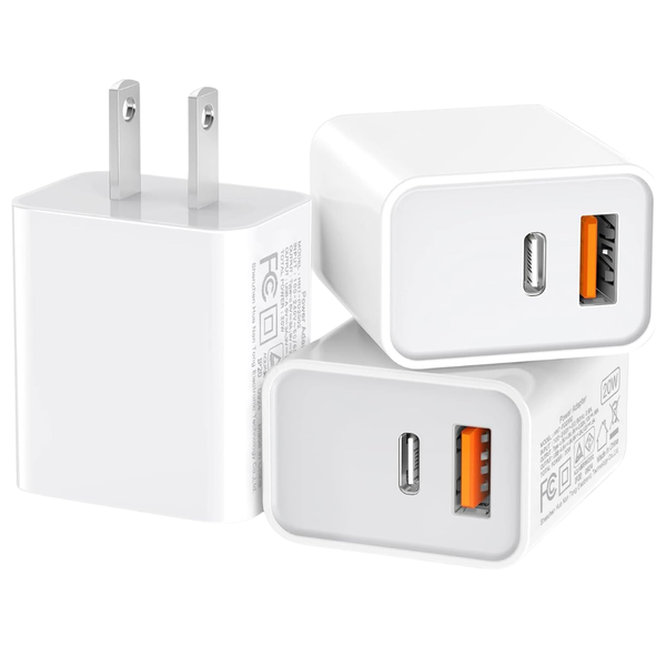 3-Pack 20W Durable Dual Port USB-A + USB-C QC+PD 3.0 Power Adapter