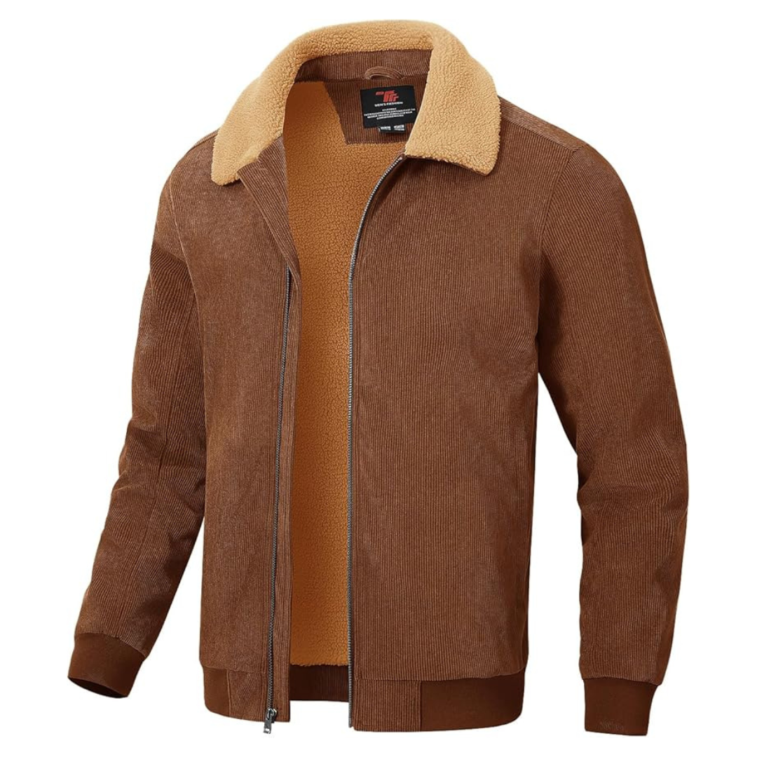 Men's Sherpa Lined Corduroy Winter Jacket W/ Full Zip (Brown/Black)