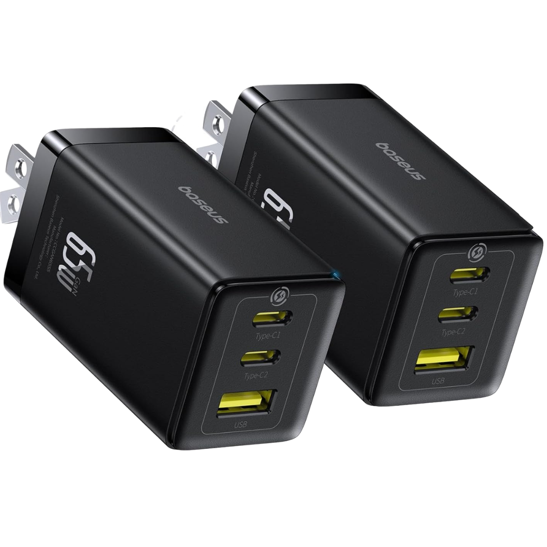 2-Pack 65W Baseus Foldable GaN 3-Port USB-C & USB-A Wall Chargers
