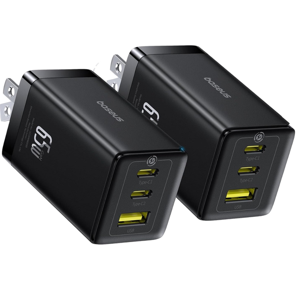 2-Pack 65W Baseus Foldable GaN 3-Port USB-C & USB-A Wall Chargers