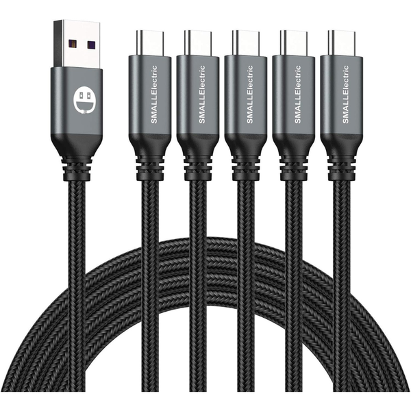 5-Pk 6ft SmallElectric UBS-C To USB-A Nylon Braided Fast Charging Cables