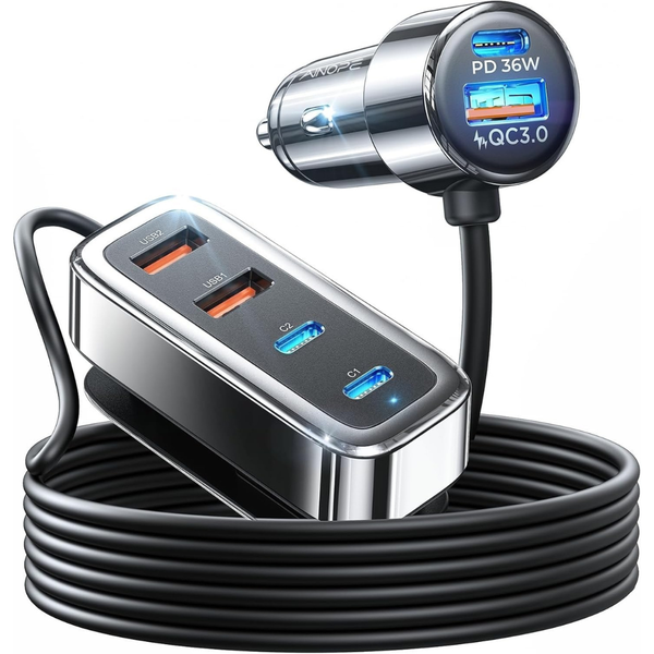 6-Port Ainope 108W USB-C Car Charger With 5Ft Cable