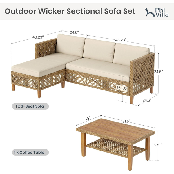 PHI VILLA Small L-Shaped Patio Sectional with Cushions