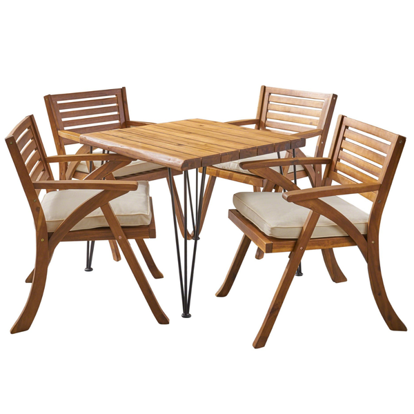 Noble House Blaine 5 Piece Wood Top Square Patio Dining Set