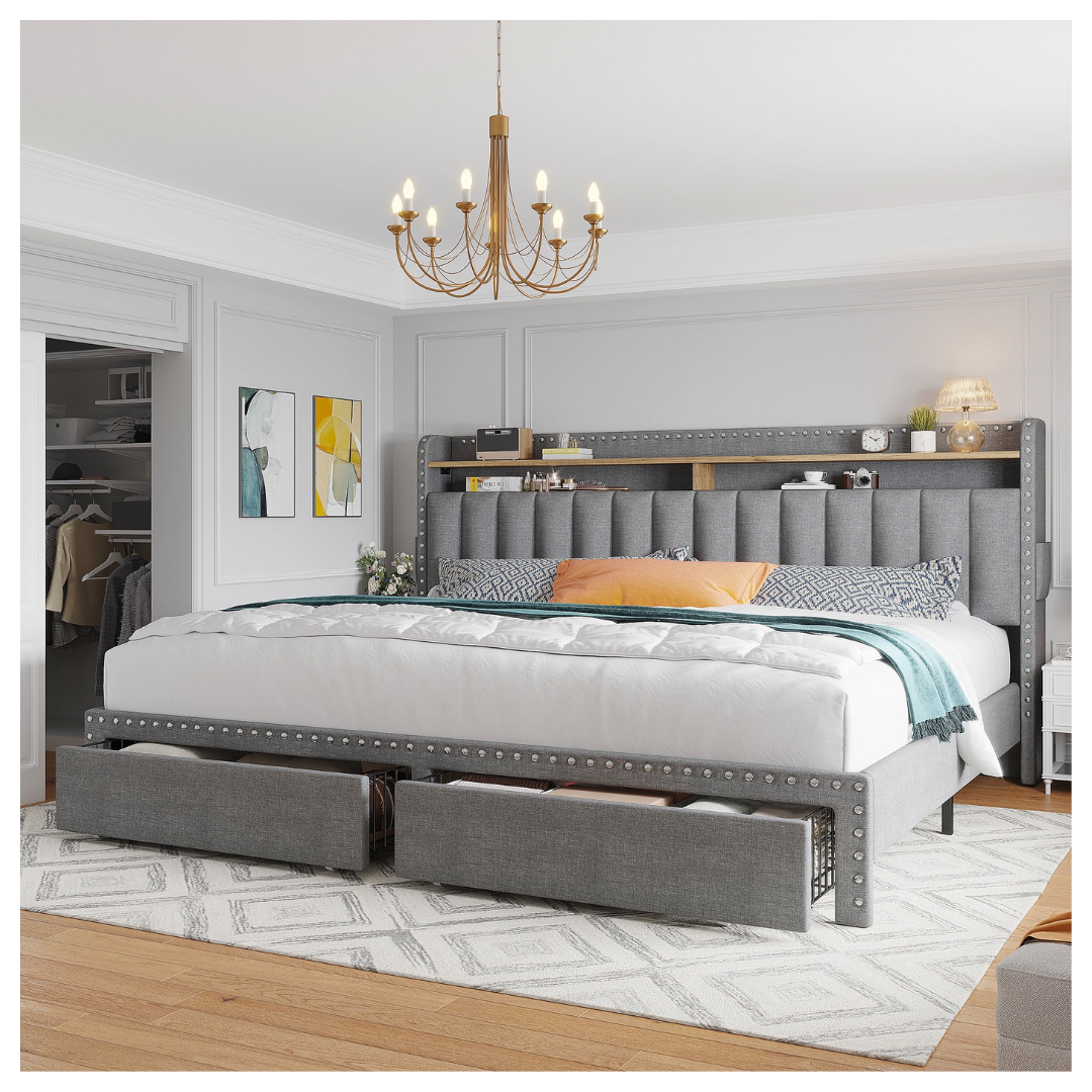 EnHomee Upholstered King Size Bed Frame With 2 Drawers