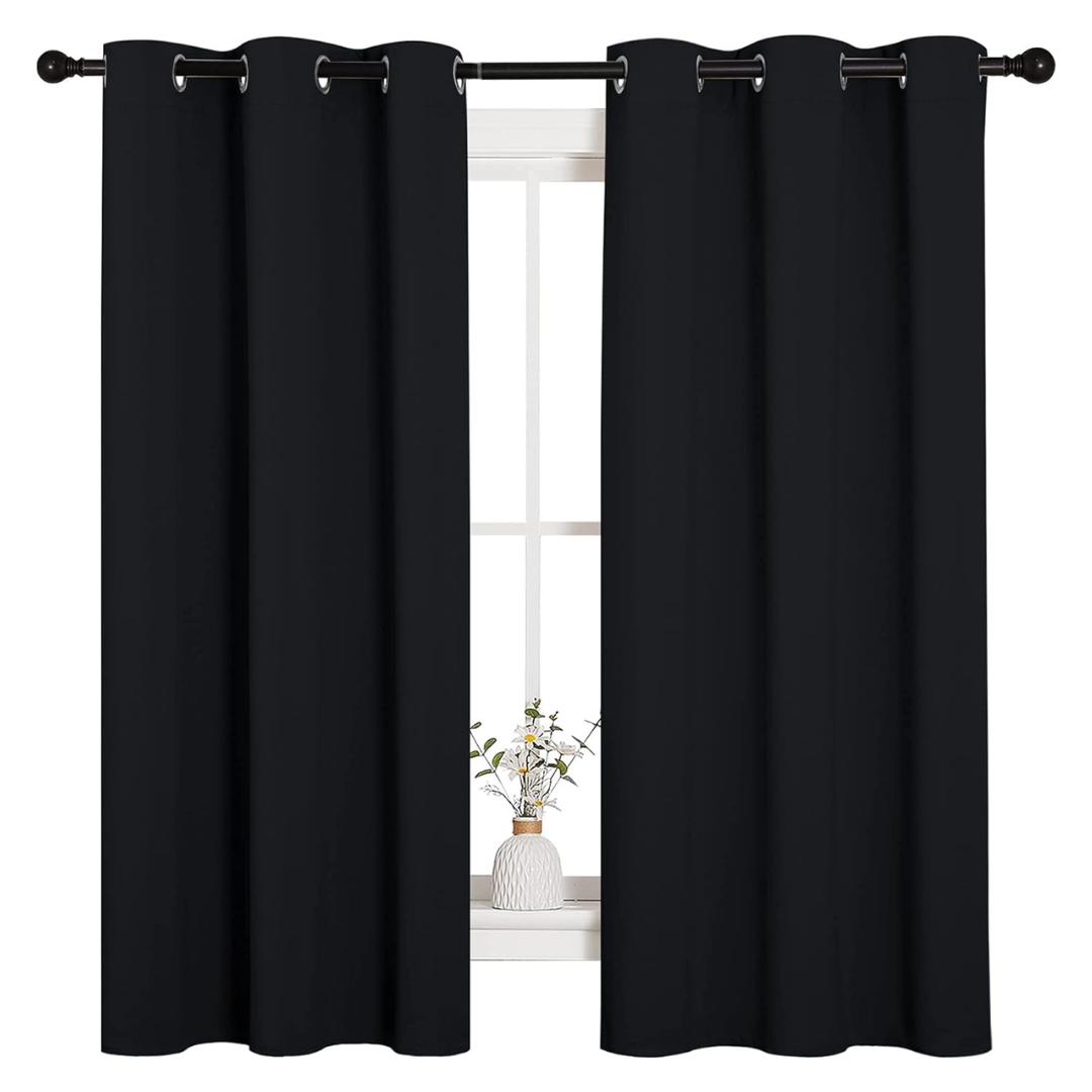 2-Panels Pitch Black Solid Thermal Insulated Grommet Curtains