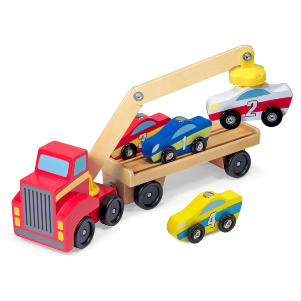 Melissa & Doug Magnetic Car Loader Wooden Toy Set W/ 4 Cars