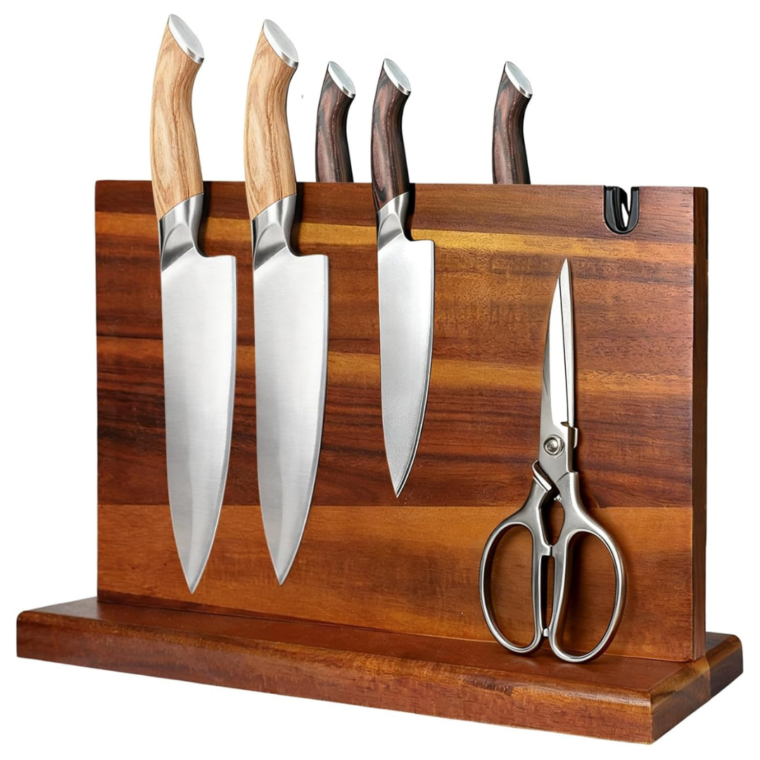 Natural Acacia Wood Space-Saving Magnetic Knife Block Holder