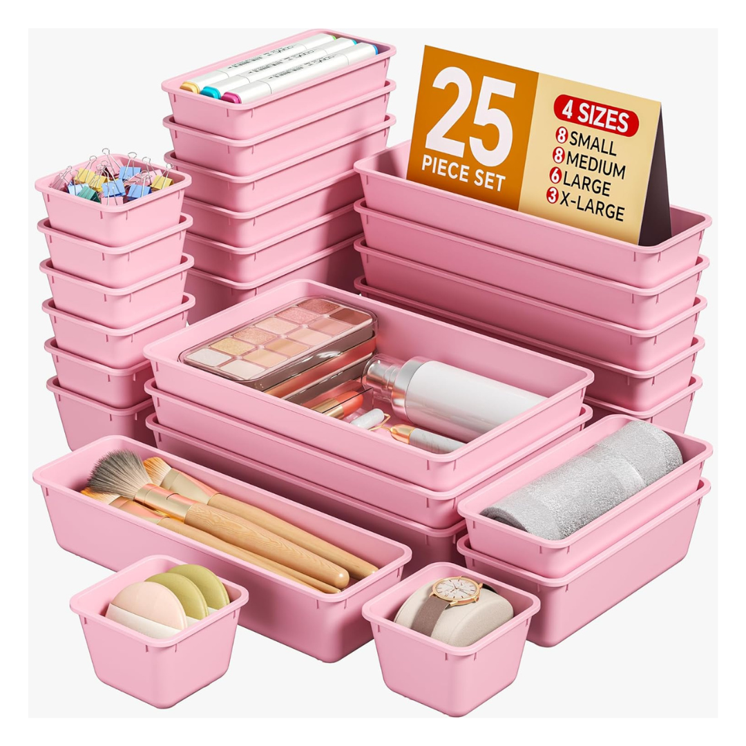 25-Piece 4-Size Vanity & Desk Plastic Drawer Organizer Trays Set