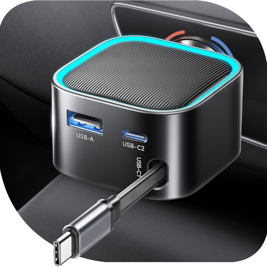 57W Type-C Fast Car Charger With Retractable Cord
