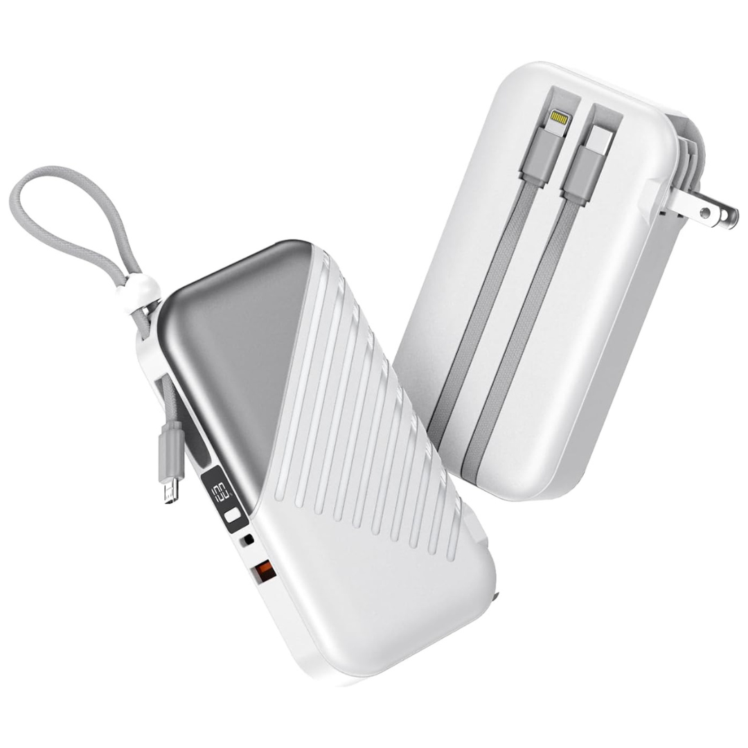 10000mAh Portable USB C 27W Power Bank With Built In Cable