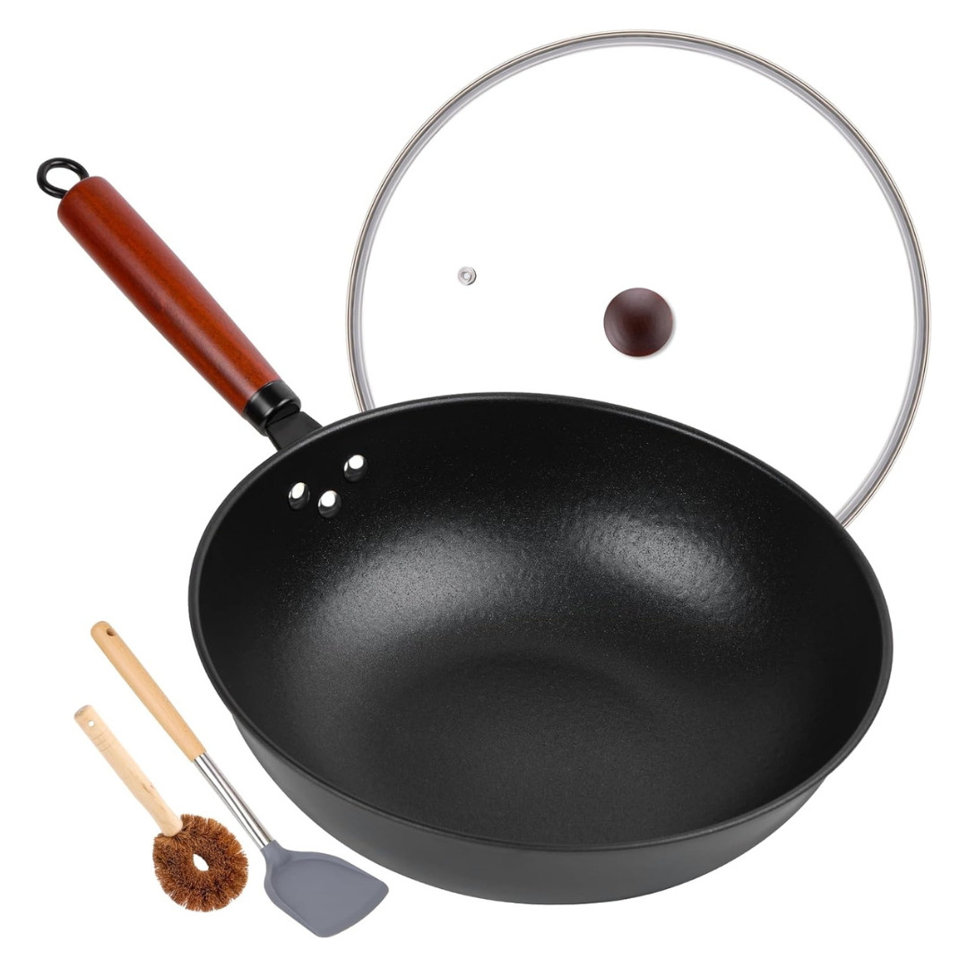 13" Nonstick Carbon Steel Wok Stir-Fry Pan With Glass Lid