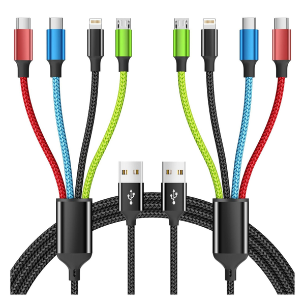 2-Pack 5Ft 4-In-1 USB-A Multi Charging Cable W/ Lightning, Micro & USB-C Port