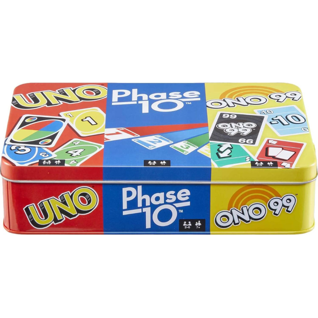 UNO, Phase 10 & ONO 99 Set Of 3 Card Games With Storage Tin Box