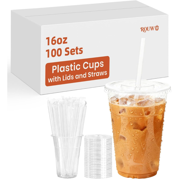 100-Pack ROUWU 16 oz Plastic Cups With Lids And Straws
