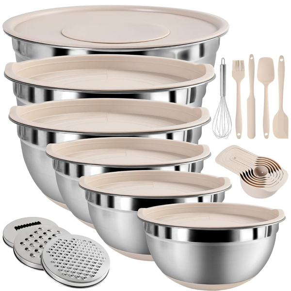 20-Piece Stainless Steel Kitchen Mixing Bowls Set W/ Lids & Accessory (2 Colors)