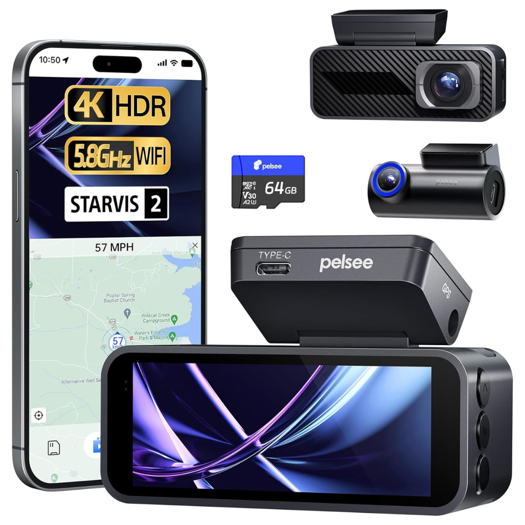 Pelsee P1 Pro 4K Front & 1080P WDR Rear Dash Cam W/ STARVIS 2 Sensor