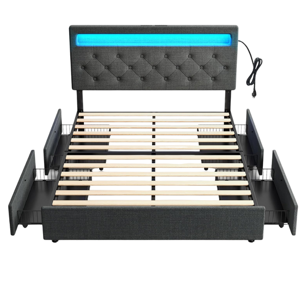 Rolanstar Queen Bed Frame With LED Lights, Charging Station, 4 Drawers