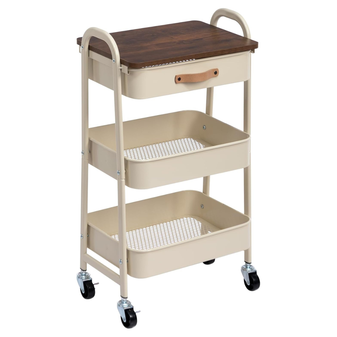 Agtek 3-Tier Rolling Utility Cart With Drawer & Wooden Top (Beige)