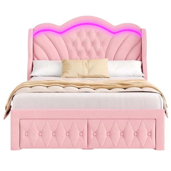 Queen Bed Frame With LED Lights And 2 Storage Drawers