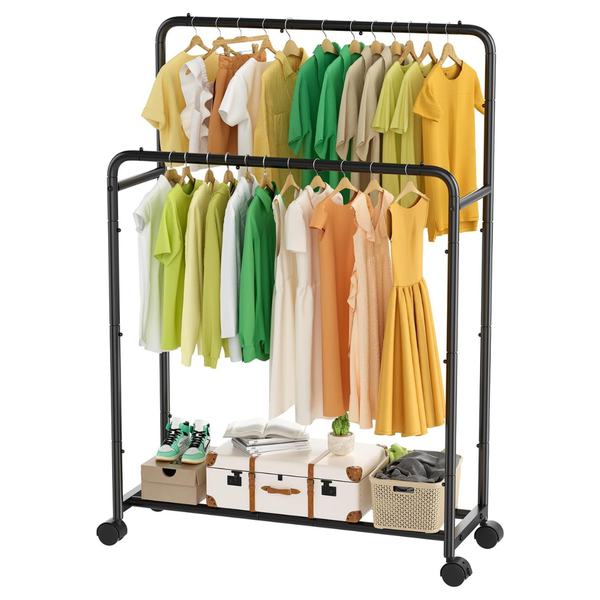 Simple Trending Double Rod Clothing Rack With Wheels