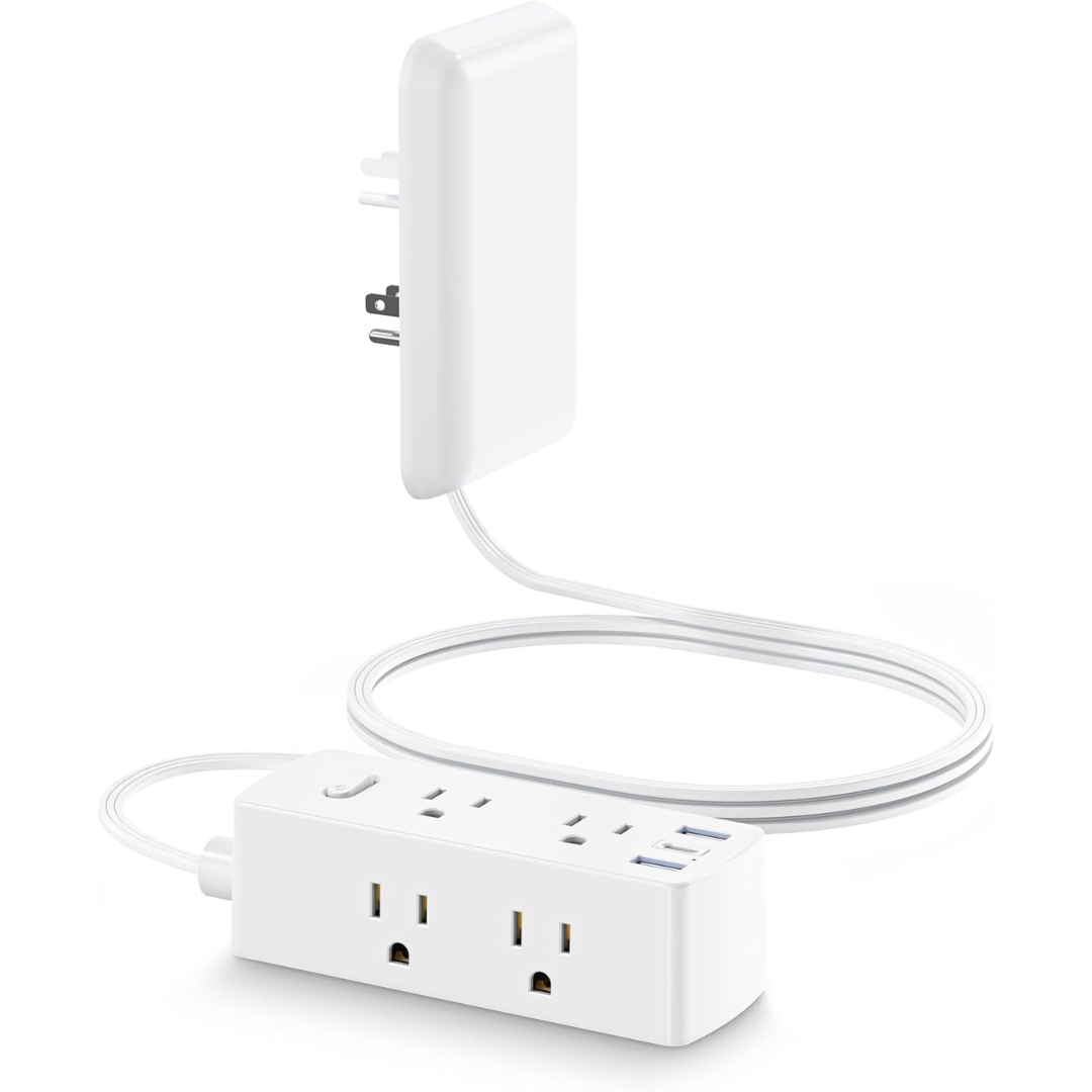 5FT Flat Extension Cord with 6 Outlets and 3 USB Ports