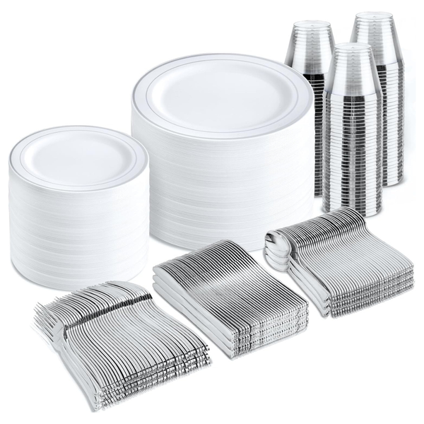 600-Piece Silver Plastic Disposable Dinnerware Set