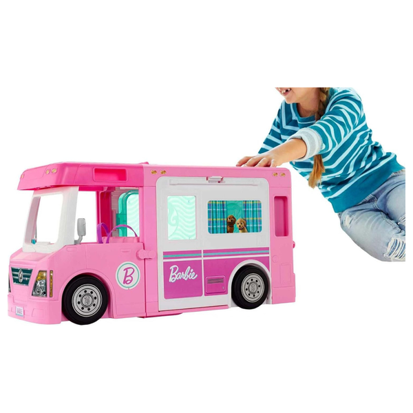 Barbie 3-In-1 DreamCamper Vehicle, Approx. 3-Ft, Transforming Camper With Pool, Truck, Boat And 60 Accessories