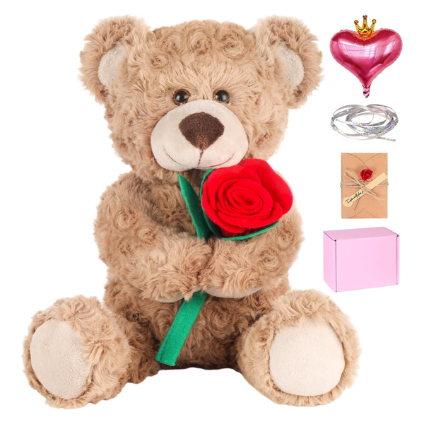 12" Plush Teddy Bear With Rose, Card, Balloon & Gift Box