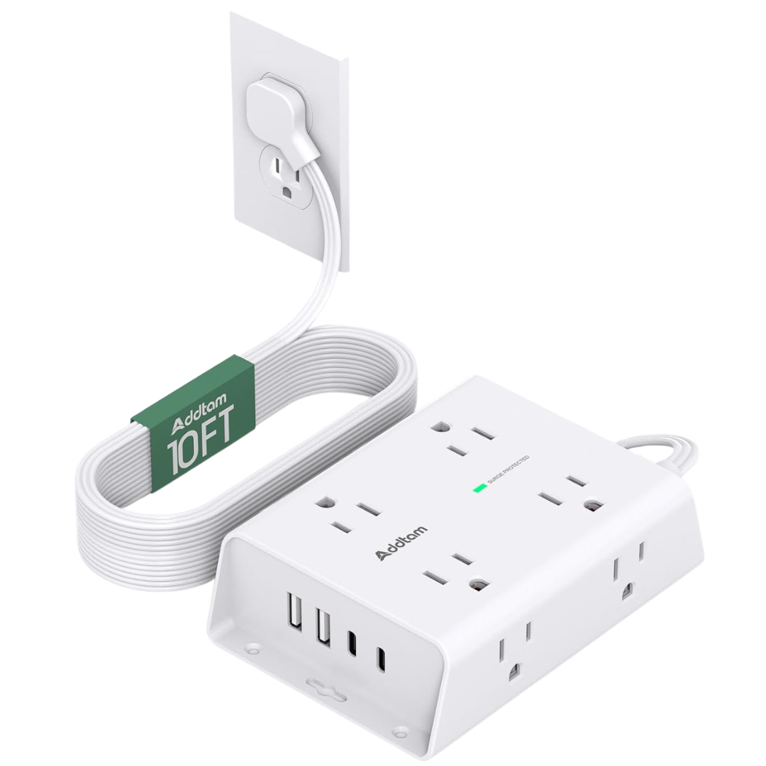 10ft Flat Plug Extension Cord With Surge Protector