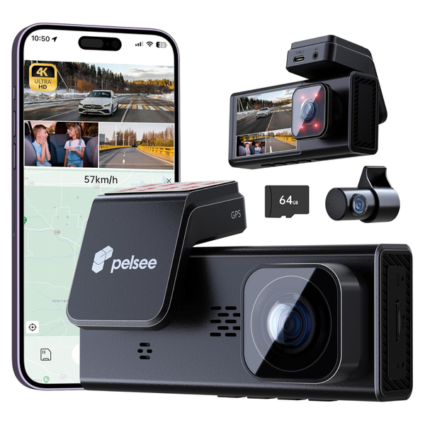 Pelsee 4K 3-Channel Dash Cam With 64GB Card & APP