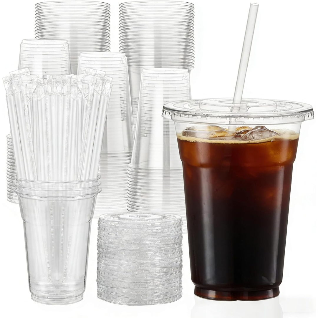 100-Count 16oz Clear Plastic Cups With Lids And Straws