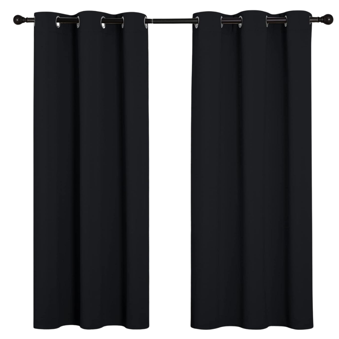 2-Panels Pitch Black Solid Thermal Insulated Grommet Curtains