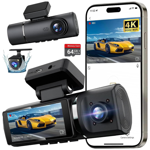 3-Channel 4K Front 1080P Rear & Inside 5G WiFi Dash Camera With 64GB Card