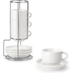 4-Pack 2.5 oz Porcelain Espresso Cups with Saucers & Metal Stand